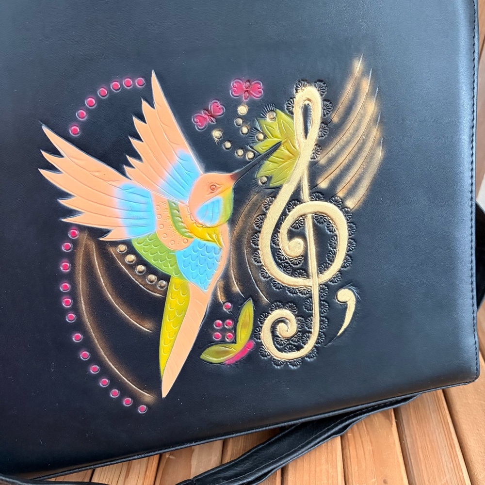Hand painted Black Leather Hummingbird Music Tote Wood Handles Artisan Crossbody - Picture 12 of 12